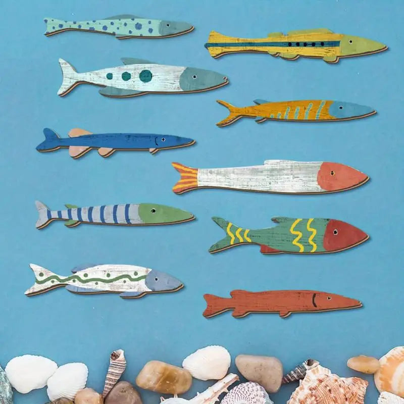 Handcrafted Wooden Ocean Wall Decor Fish Set Coastal Style For Home Bathroom
