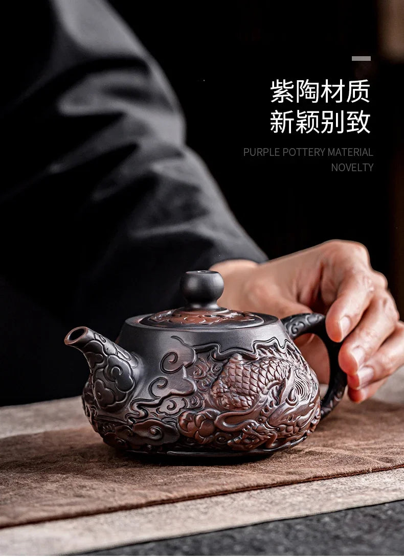 Suitable for collectionPurple Pottery Teapot Handmade Pile Carving Xianglong Pot Kung Fu Tea Set Purple Clay Pot Handmade