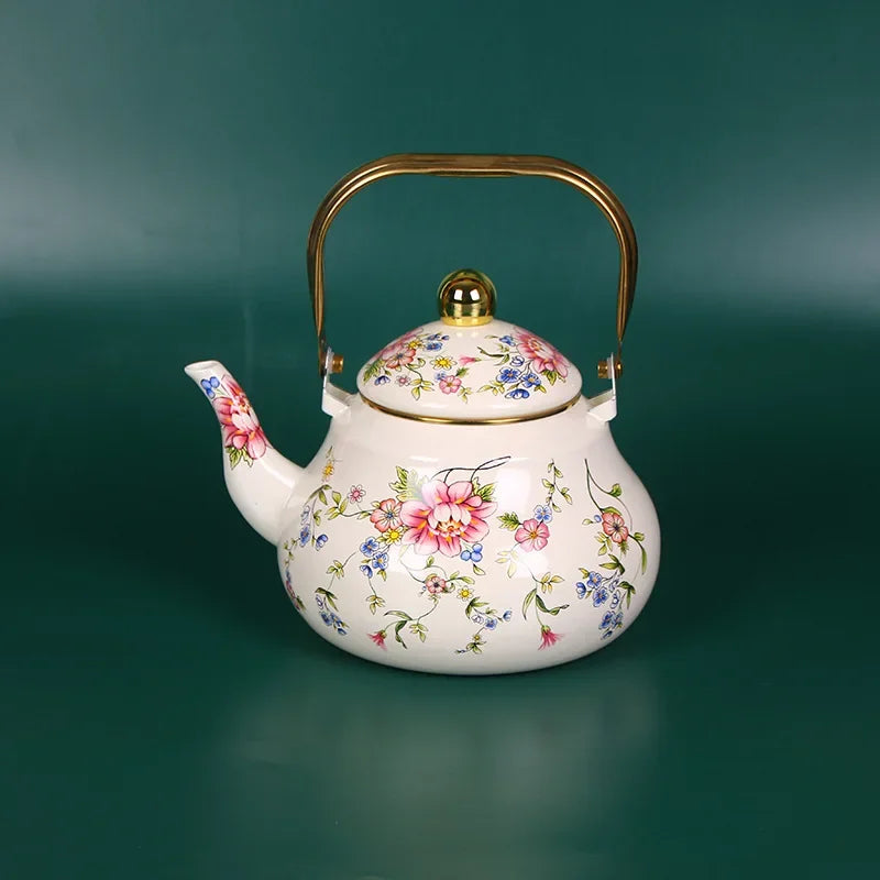 1.5L Vintage Enamelware Kettle Classic Enamel Teapot with Golden Handle for Stovetop Use Kitchen Decor Gift for Tea Lovers