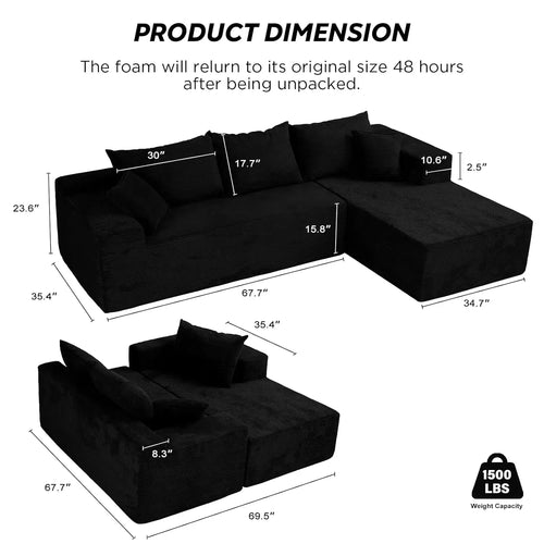 103" L Shaped Sectional Boneless Couch for Living Room, Modern Modular Cloud Sofa with Facing Chaise, Comfy, Customized