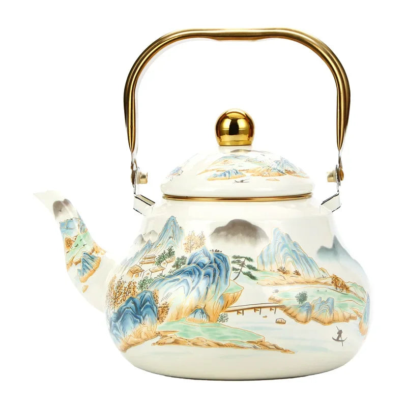 1.5L Vintage Enamelware Kettle Classic Enamel Teapot with Golden Handle for Stovetop Use Kitchen Decor Gift for Tea Lovers