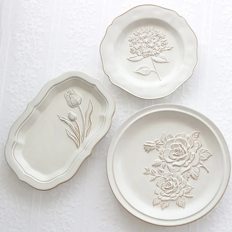 Ceramic Plates Vintage Style Dinner Plate Tulip Relief Ceramic Plates Steak Pasta Dishes Tableware Household Use Tableware Home