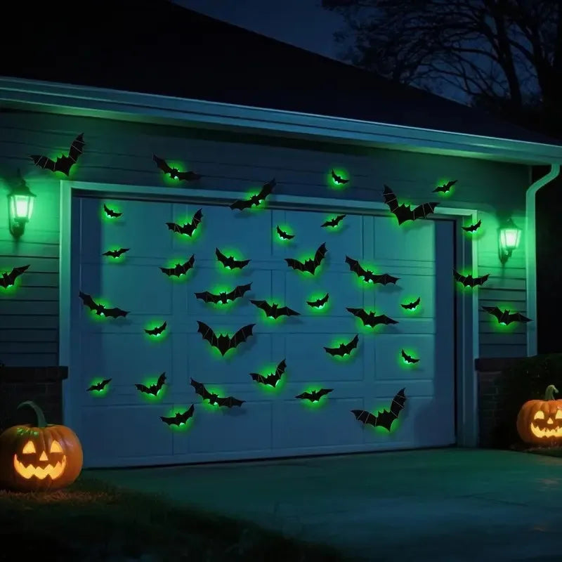 Halloween Decorations 3D Lighted Bats with Purple Green LED Lights Waterproof Window Wall Stickers for Indoor Outdoor Decor