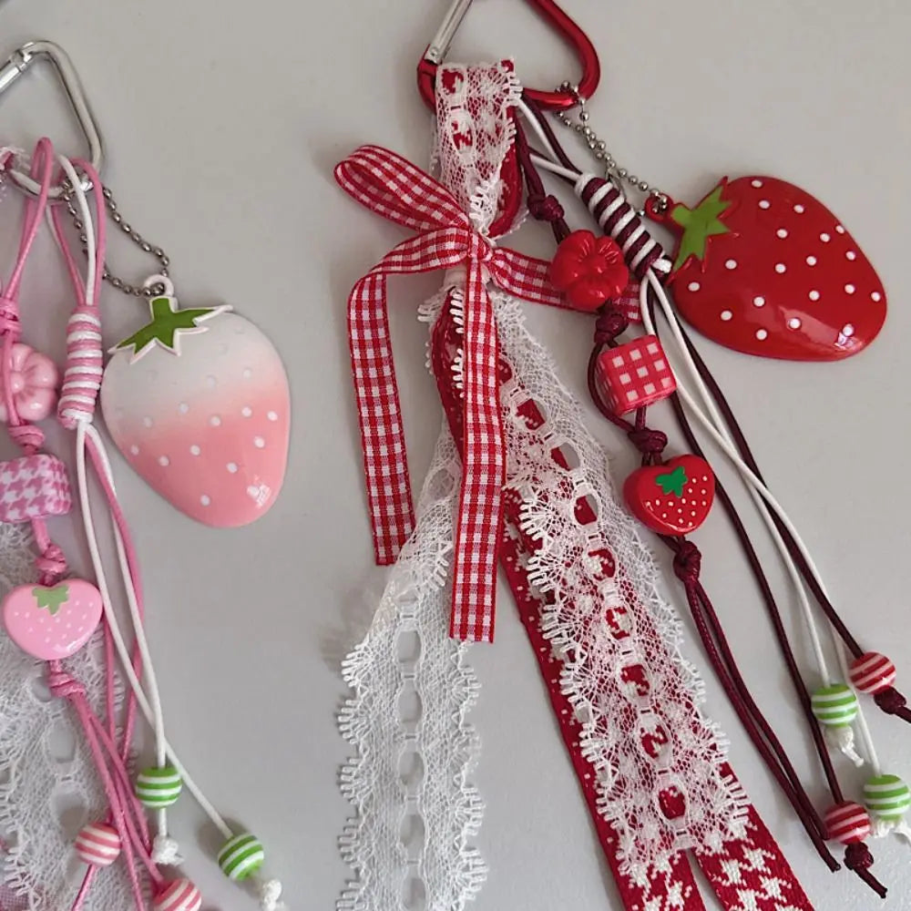 Bag Decoration Strawberry Bag Charms Girl Heart Trinket Riband Strawberry Keychain Anti-Lost Jewelry Girl Sweet Key Chain