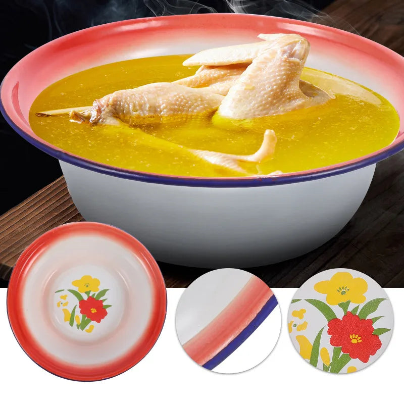 5 Pcs Red Floral Retro Enamel Disc Vintage Dinnerware Sets Enamelware Bowls Metal Plates Kitchen Storage Serving Tableware