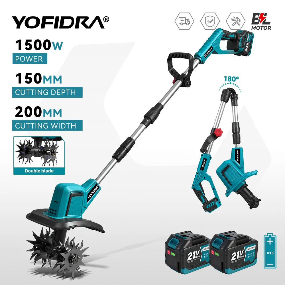 YOFIDRA Brushless Electric Garden Tiller Lawn Mower Rototiller For Soil Cultivation Garden Power Tool For Makita 21V Battery Pin