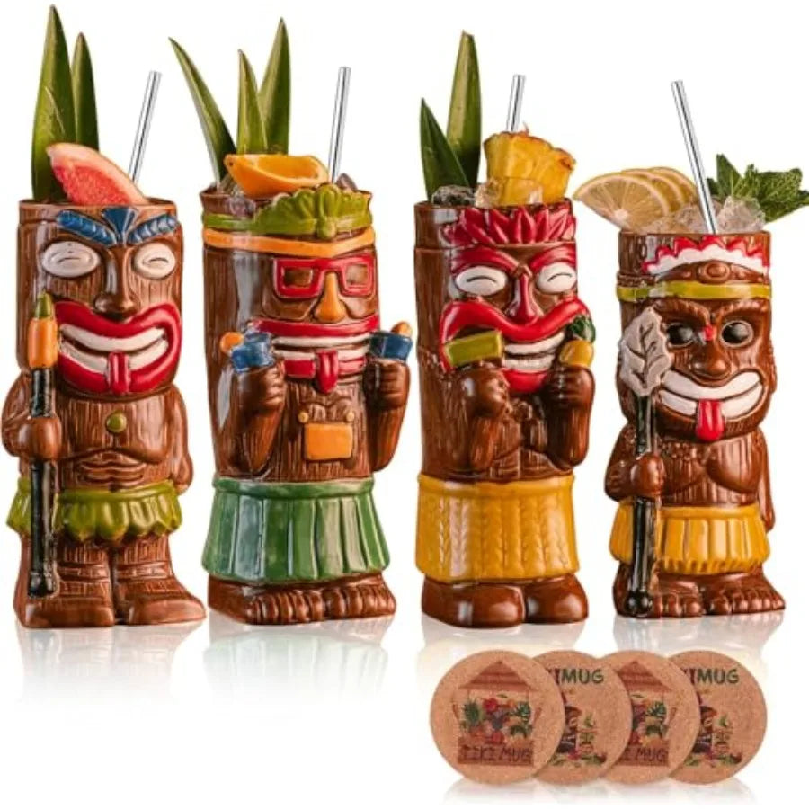 Cocktail Tiki Mugs Set Of 4 - Exotic Mug With 4 Coasters And 4 Straws Cute Ceramic Hawaiian Style Cocktail Glasses For Party An