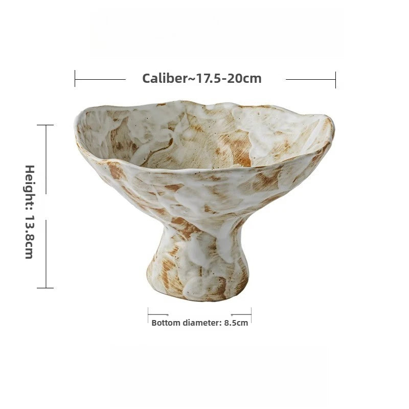 Beautiful High Footed Flower Plate Retro Rough Pottery Dried Fruit Plate Home Creative Ornament