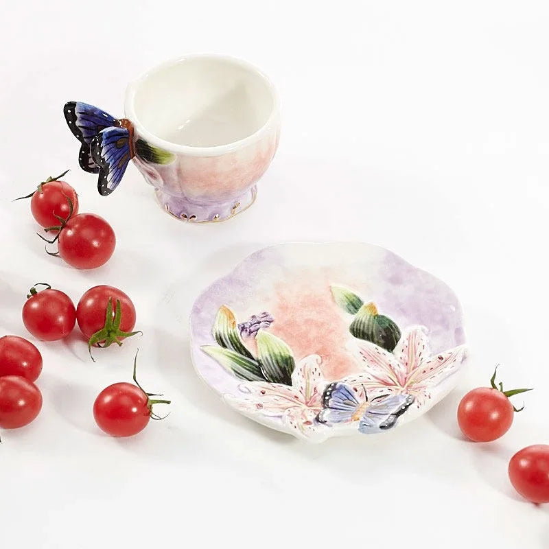 European Style Ceramic Coffee Pot, Hand-painted Butterfly Orchid Teapot, Tea Cup Set, Exquisite Creative Gift, Cafe Accessories