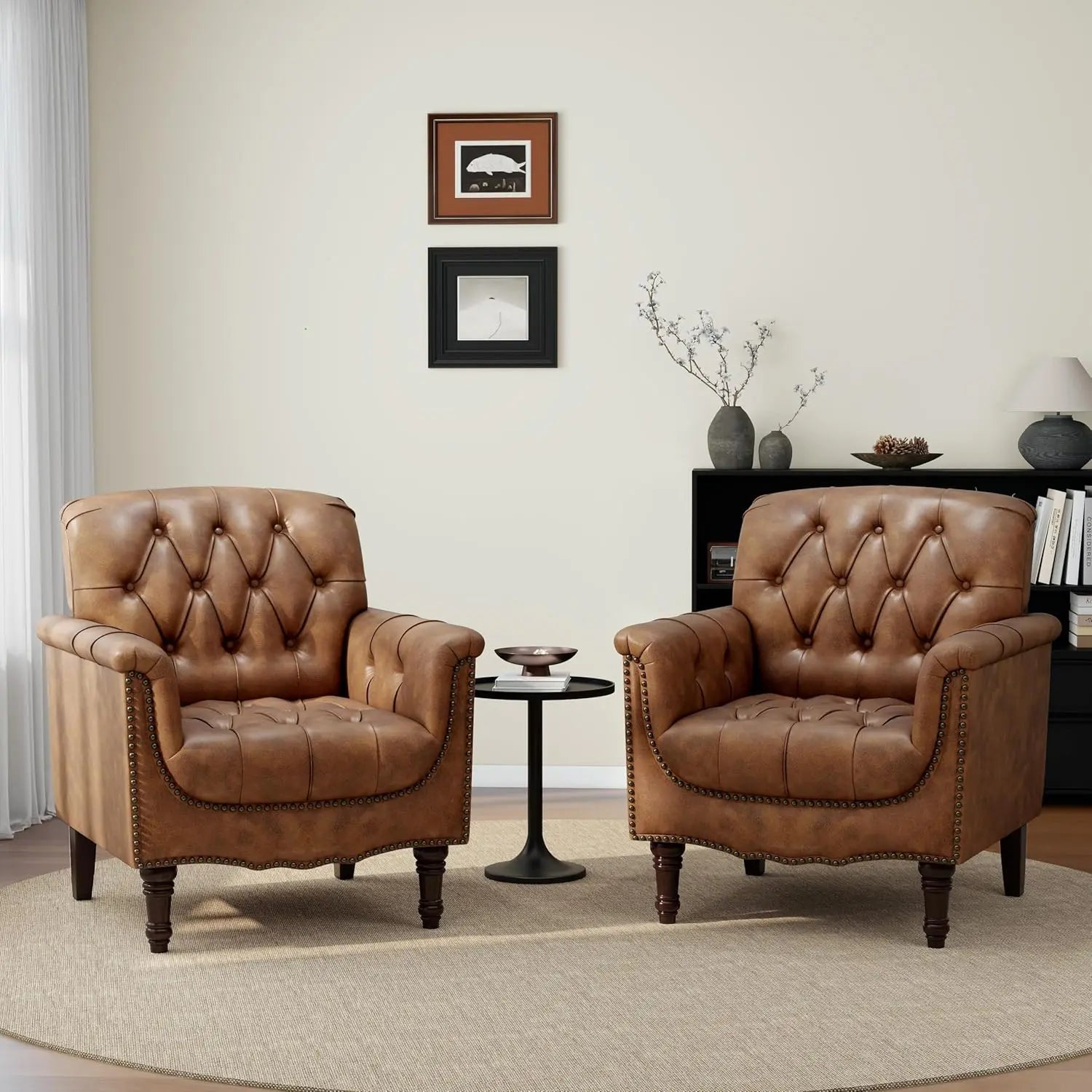Faux Leather Accent Chairs Set of 2, Comfy Club Chair Upholstered Armchair for Living Room, Button Tufted Arm Chair, Customized