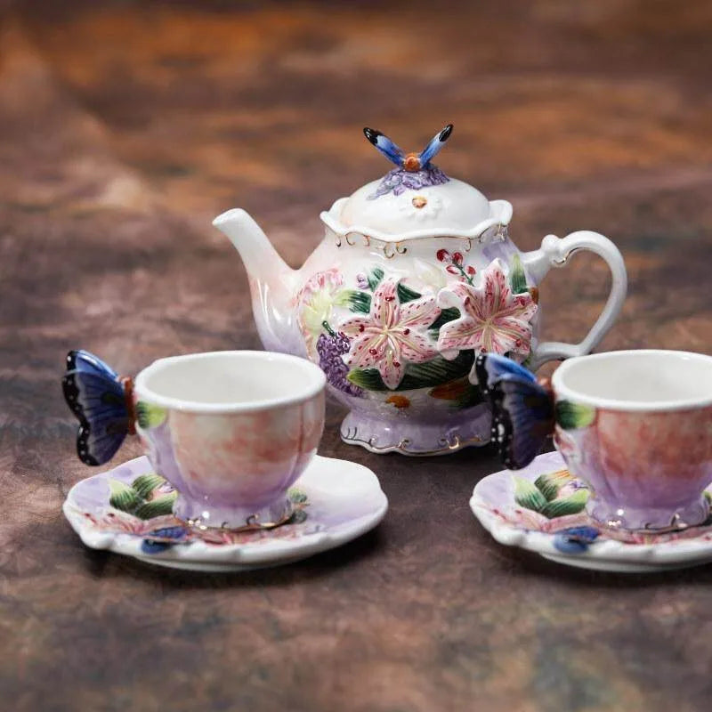 European Style Ceramic Coffee Pot, Hand-painted Butterfly Orchid Teapot, Tea Cup Set, Exquisite Creative Gift, Cafe Accessories