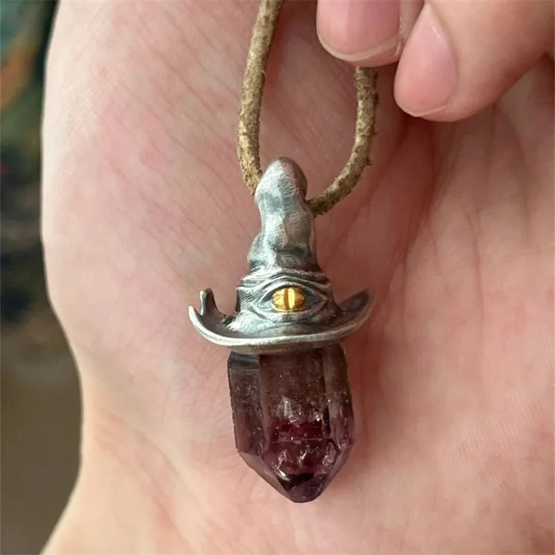 1pc Retro Style Amethyst Hexagonal Pillar Witch Hat Pendant Decoration Pendant