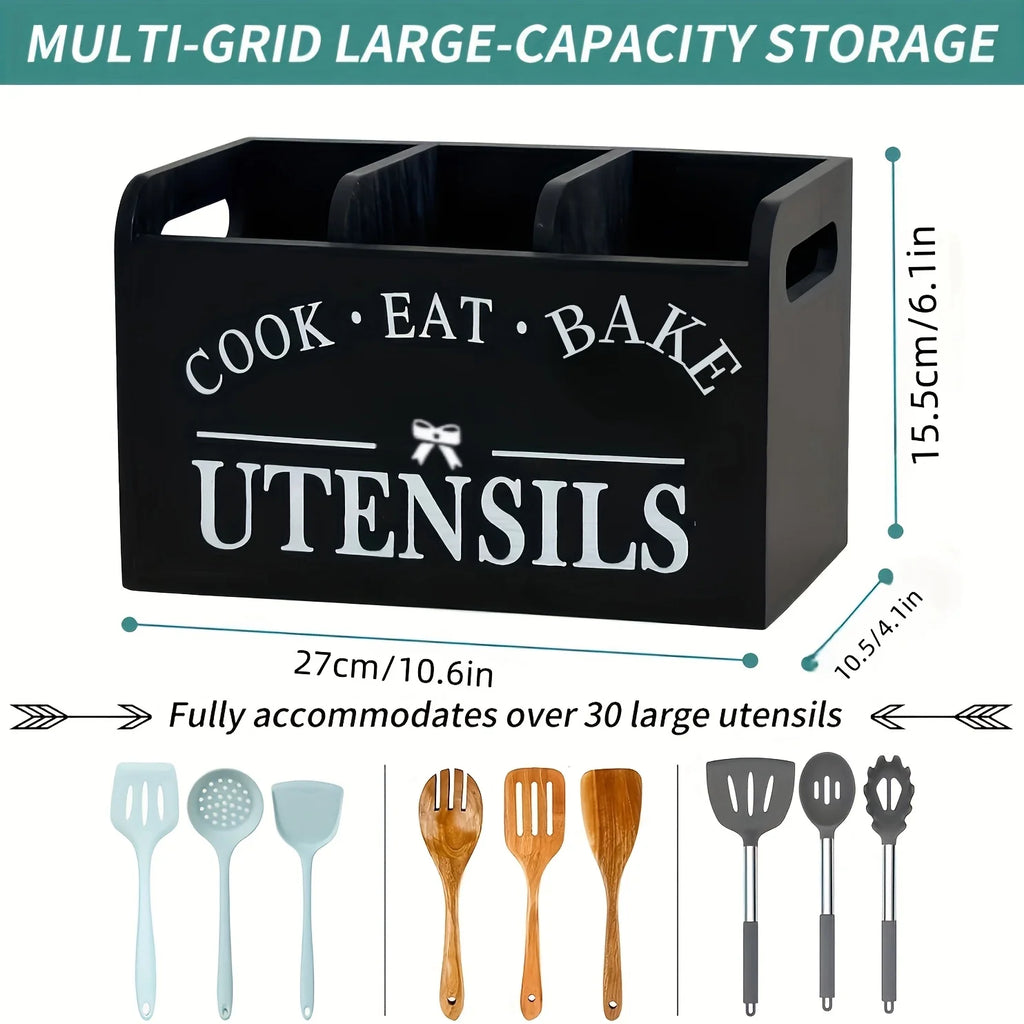 Kitchen Utensil Rack with Three Compartments Rustic Wooden Storage Box Vintage Tableware Farmhouse Dish Cabinet Forks Spoo