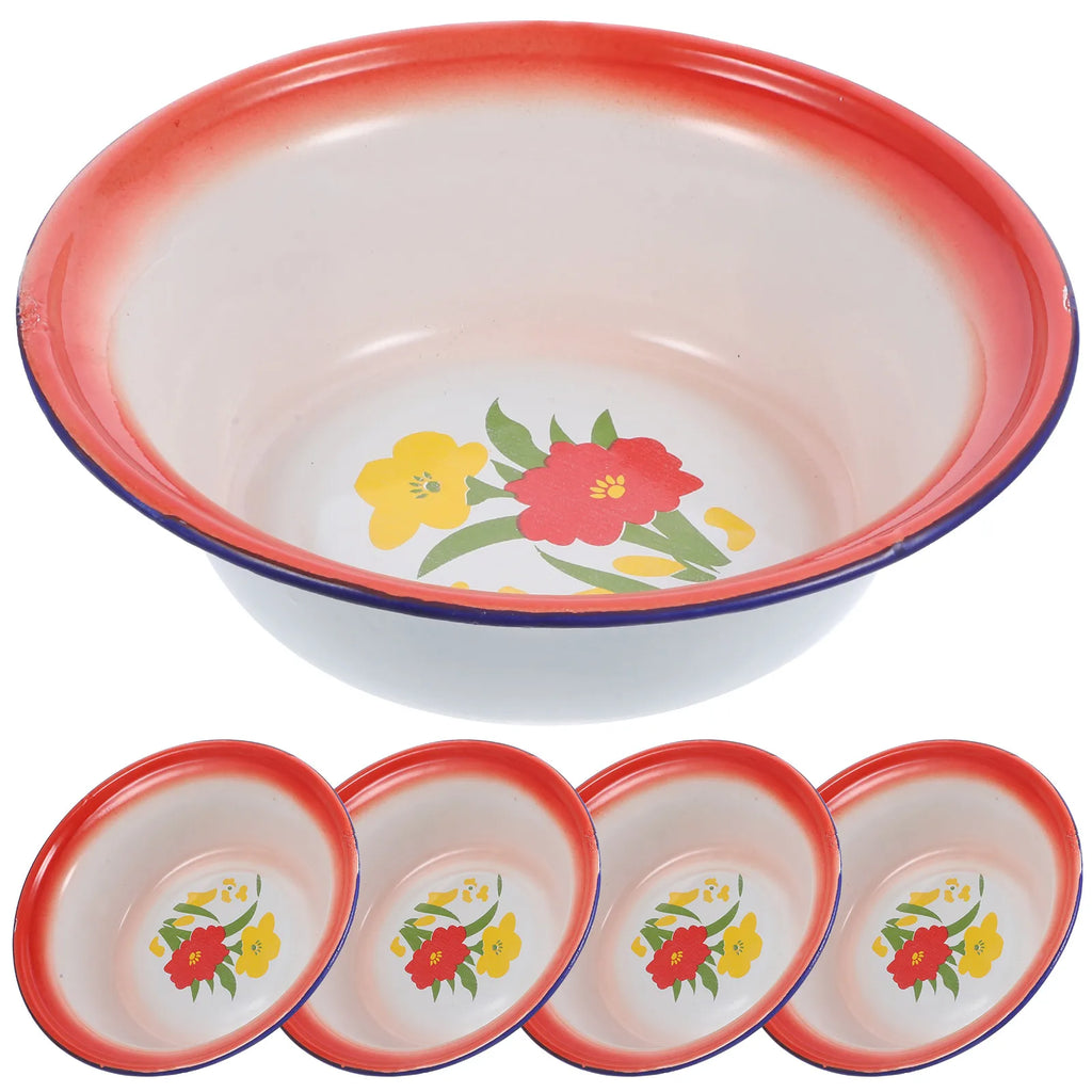 5Pcs Enamelware Bowls Vintage Pattern Multi-Use Soup Salad Mixing Bowl Set for Household Camping Enamel Food Bowl