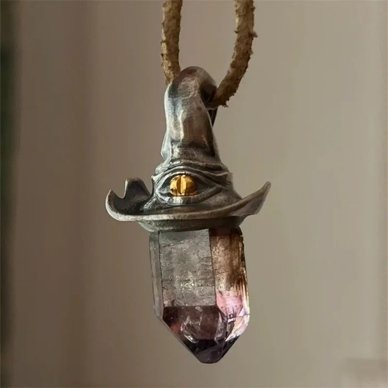 1pc Retro Style Amethyst Hexagonal Pillar Witch Hat Pendant Decoration Pendant