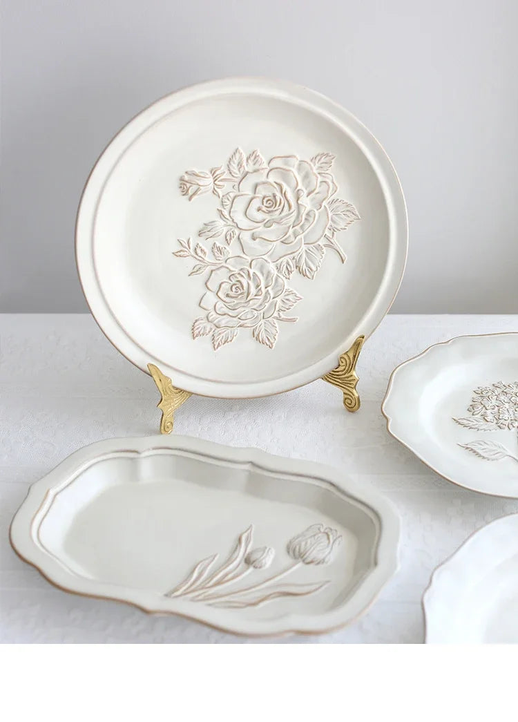 Ceramic Plates Vintage Style Dinner Plate Tulip Relief Ceramic Plates Steak Pasta Dishes Tableware Household Use Tableware Home