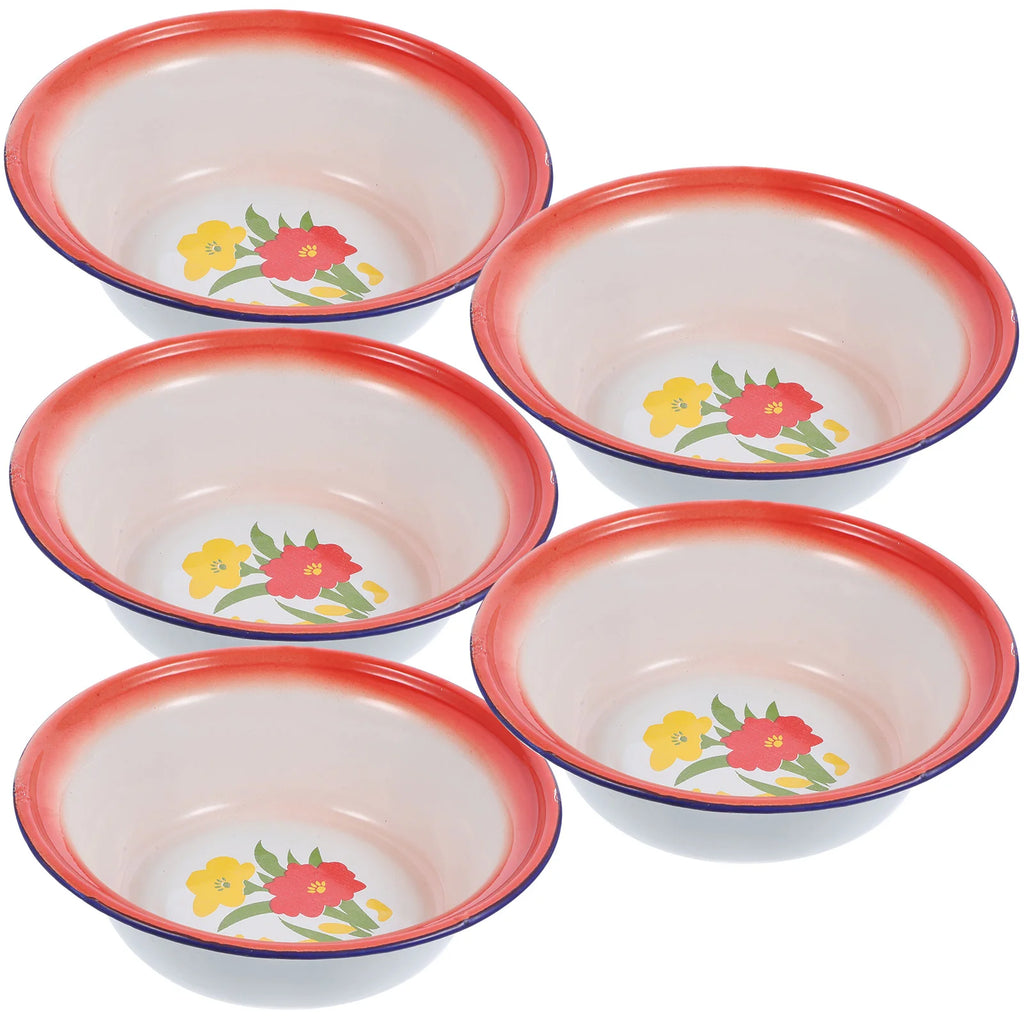 5 Pcs Red Floral Retro Enamel Disc Vintage Dinnerware Sets Enamelware Bowls Metal Plates Kitchen Storage Serving Tableware