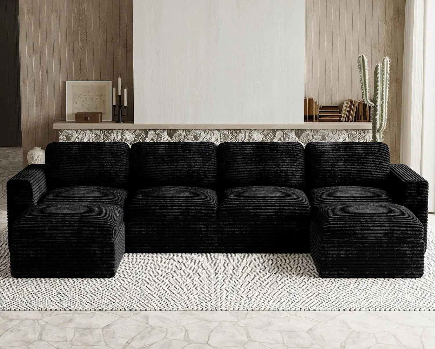 Plush Corduroy U Shaped Modular Sectional Sofa Deep Seat Living Room Black Customized
