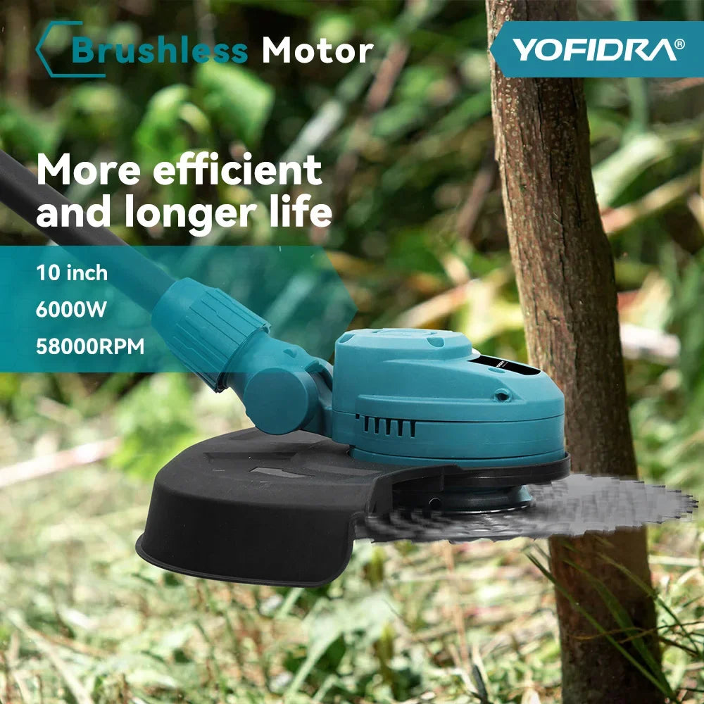 YOFIDRA 10Inch 6000W Brushless Electric Lawn Mower 58000RPM Garden Foldable Grass Trimmer Garden Tool For Makita 18V Battery Pin
