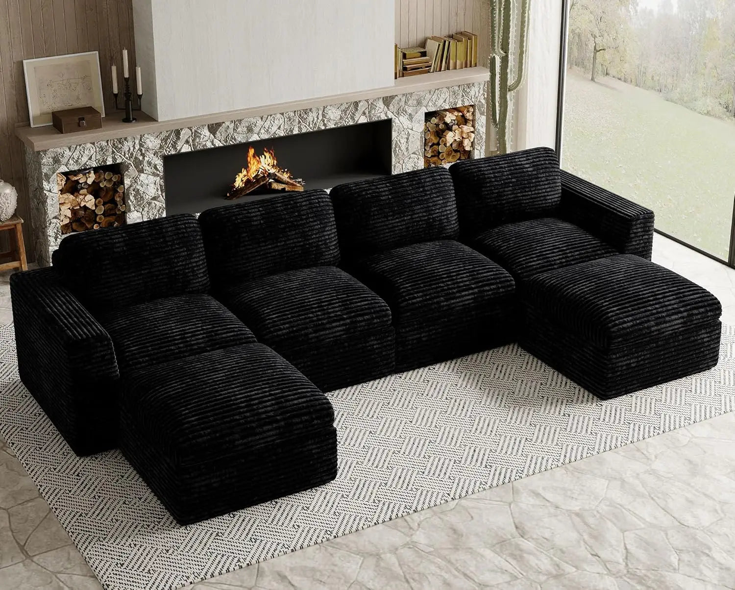 Plush Corduroy U Shaped Modular Sectional Sofa Deep Seat Living Room Black Customized