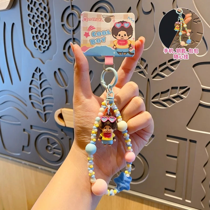 Genuine Monchhichi Flocked Beaded Keychain, Cute Cartoon Mini Monchhichi Figurine Charm, Women’s Bag  Phone Strap