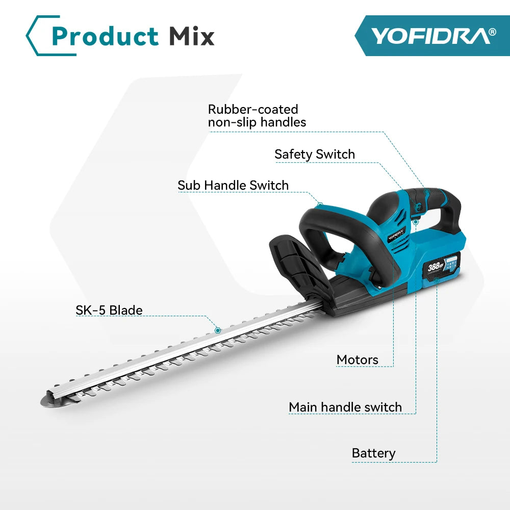 YOFIDRA 2000W Electric Hedge Trimmer 15000RPM Lawn Mower Garden Landscaping Hedge Pruner Trimmer Tool For Makita 18V Battery Pin