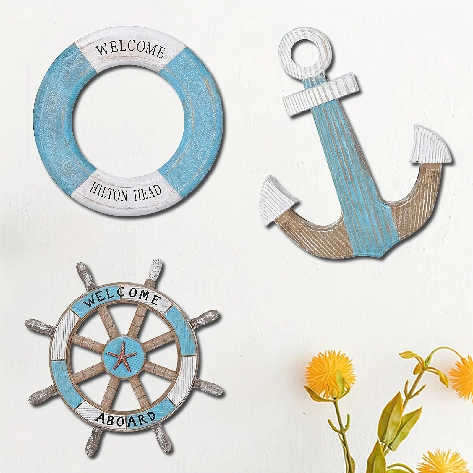 1 Set of Nautical-Themed Home Decor Wooden Anchors, Helms, and Lifebuoys Ocean-Themed Wall Hanging Decorations Indoor Nautical Decor Can Be Used for Wall Decoration at Outdoor Parties and Yard Gatherings