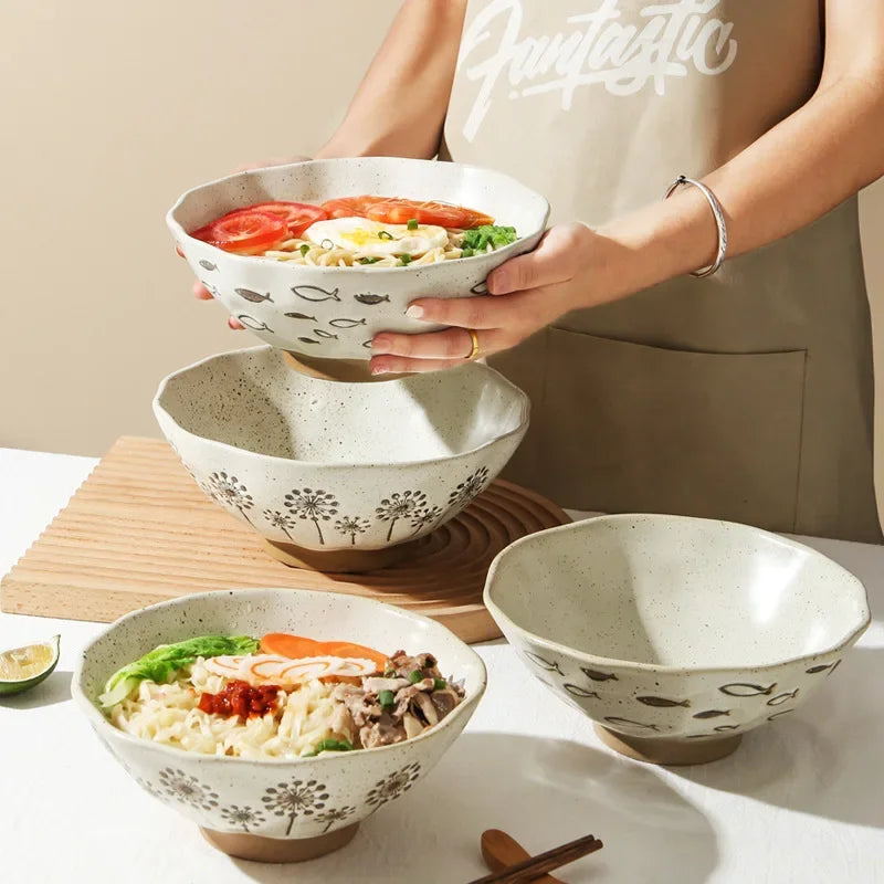 coarse pottery bowl, retro ceramic tableware, underglaze colored noodle bowl, lace soup bowl, household hat  commercial ramen