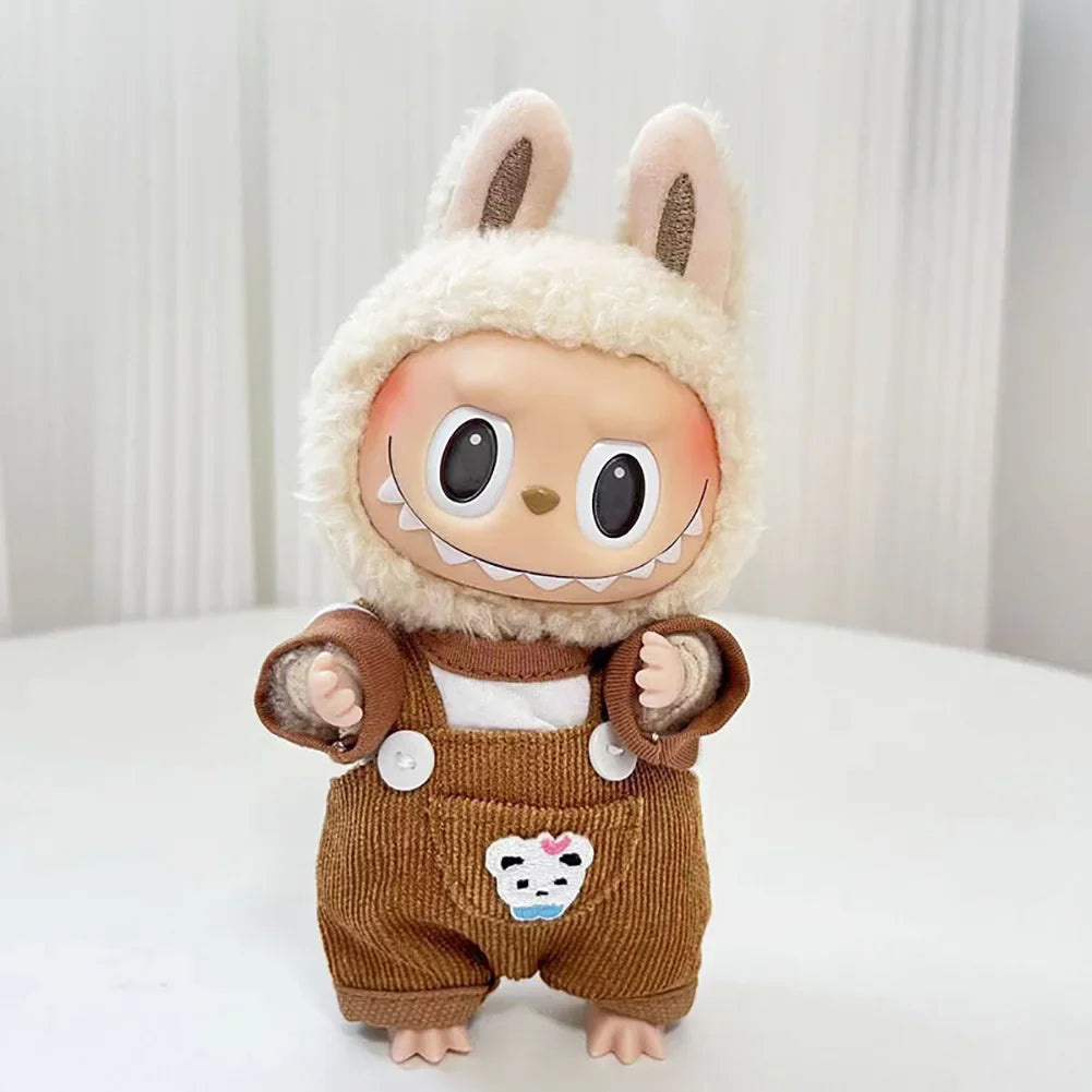 For 17cm Labubu Doll Little Bailey Hat Checkered Overalls Set Labubu Outfit Accessories Labubu Ropa