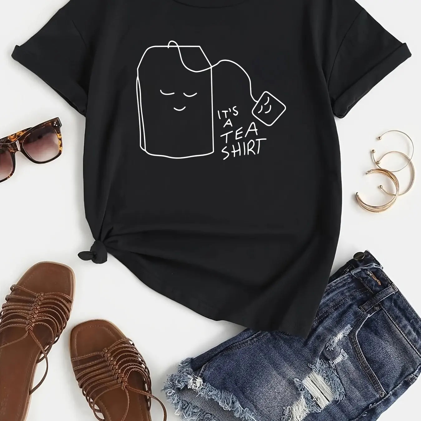 Tea Shirt Print T-Shirt, Funny Print Short Sleeve Crew Neck Casual Top For Spring & Summer, Women's Clothing