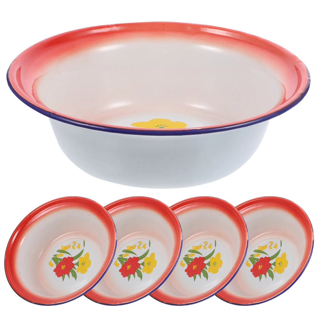 5Pcs Enamelware Bowls Vintage Pattern Multi-Use Soup Salad Mixing Bowl Set for Household Camping Enamel Food Bowl