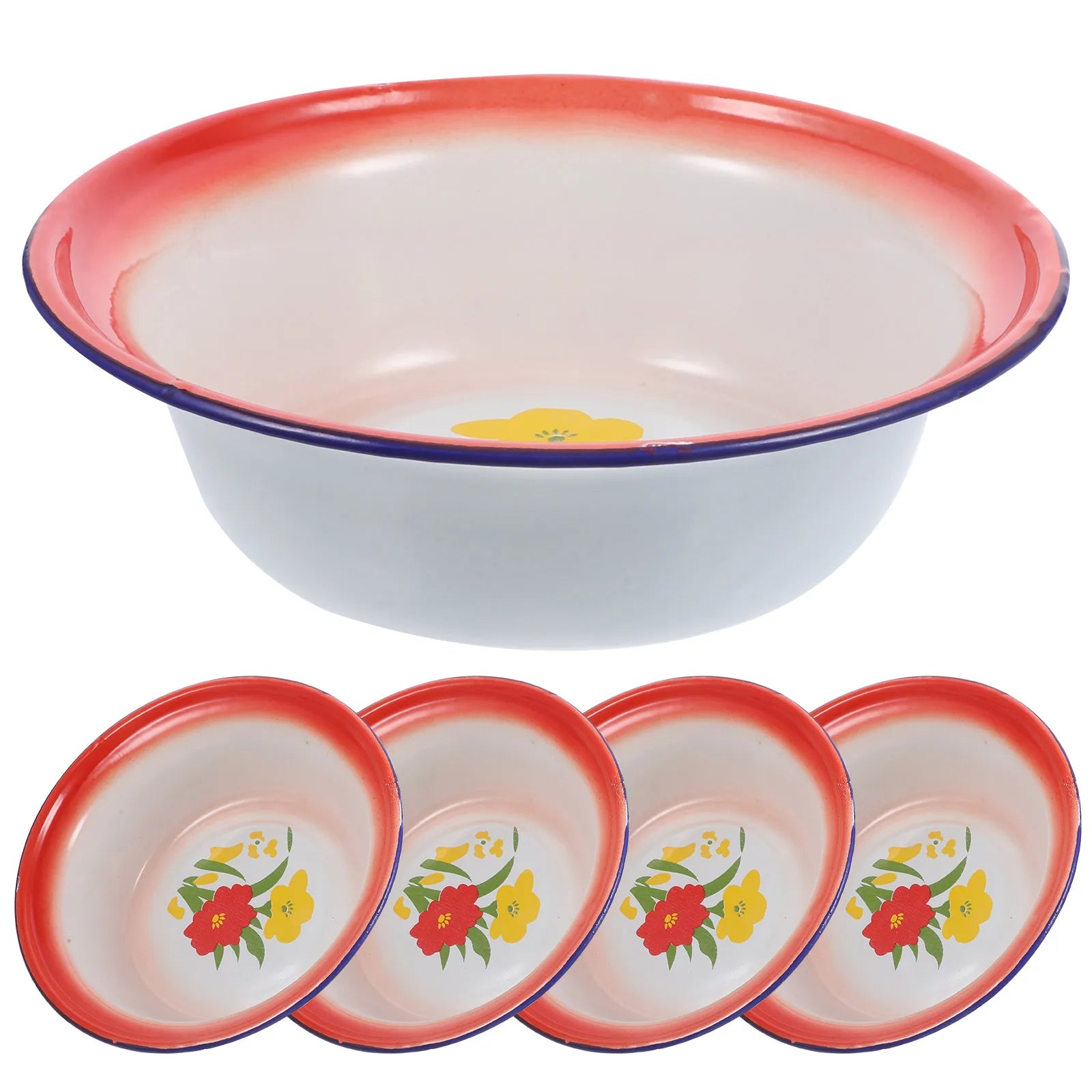 5Pcs Enamelware Bowls Vintage Pattern Multi-Use Soup Salad Mixing Bowl Set for Household Camping Enamel Food Bowl