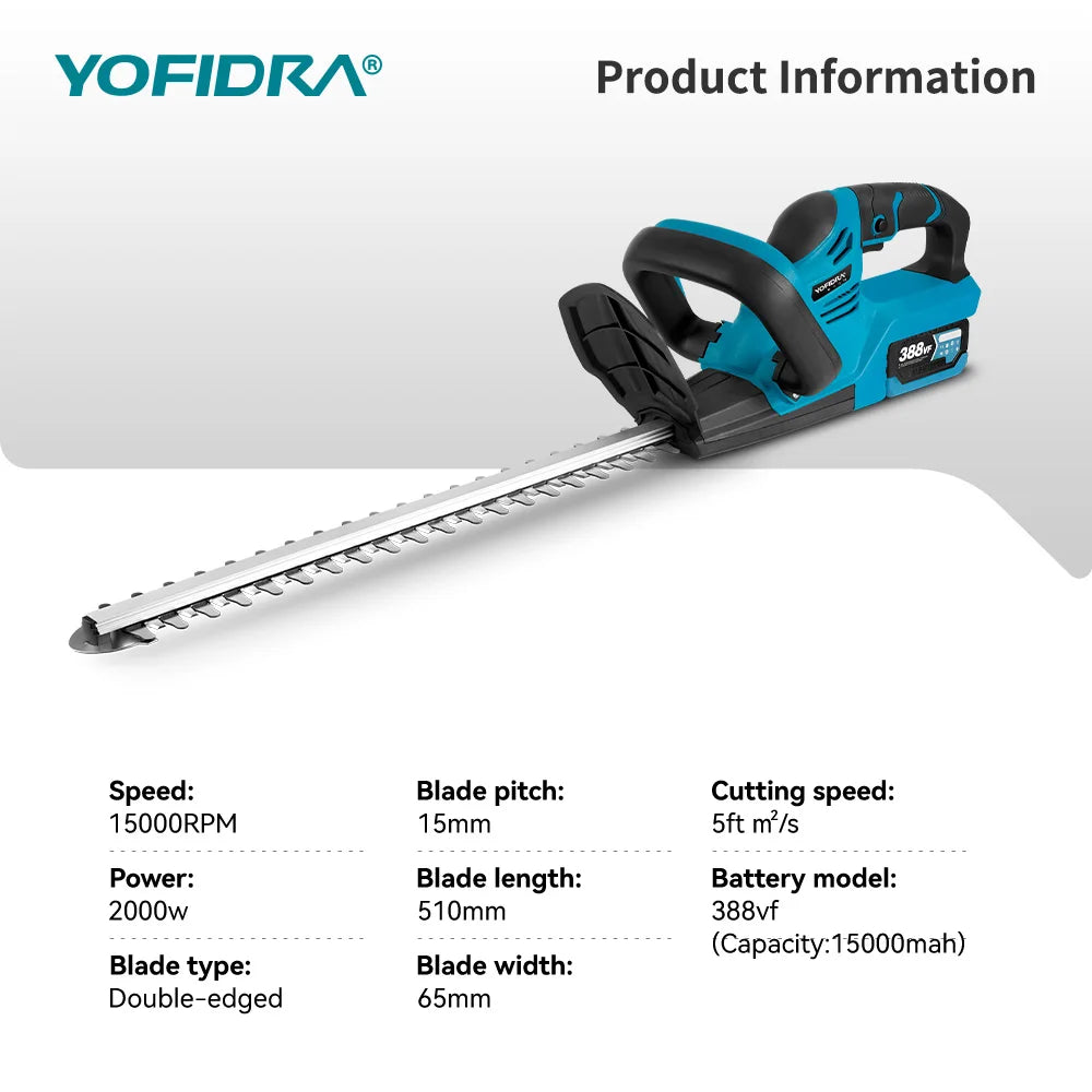 YOFIDRA 2000W 15000RPM Cordless Electric Hedge Trimmer Pruning Saw Lawn Mower Garden Trimming Power Tools For Makita Battery Pin