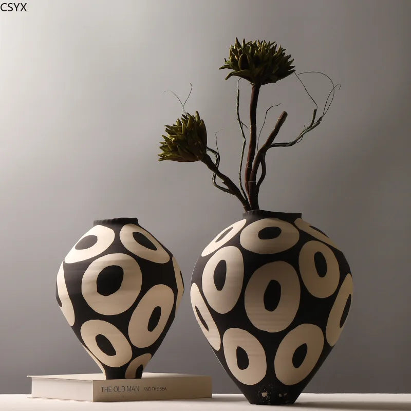 Ceramic Vase Hand-drawn Geometric Circles Flower Vase Flower Arrangement Accessories Porcelain Pot Home Decoration