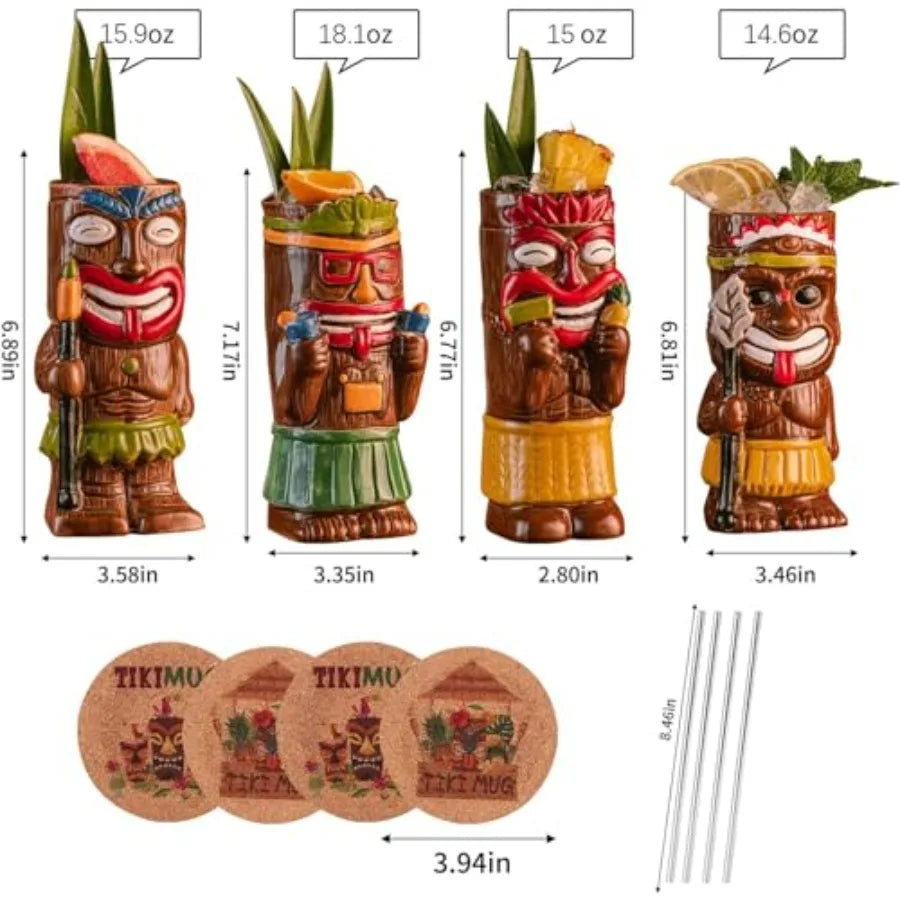 Cocktail Tiki Mugs Set Of 4 - Exotic Mug With 4 Coasters And 4 Straws Cute Ceramic Hawaiian Style Cocktail Glasses For Party An