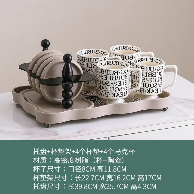 Vintage Luxury Water Cup Tray Retro Teaware Display Organizer Afternoon Tea Glass Storage Rack with Coaster Set for Home Decor