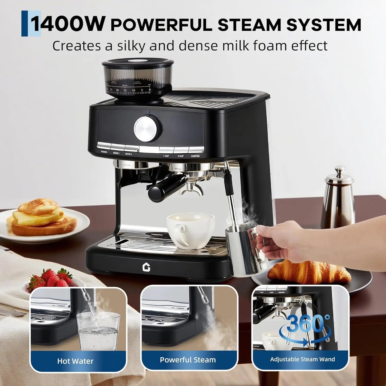 20 Bar Espresso Machine With Grinder Milk Frother 1.5L Coffee Maker 30 Grind Settings Automatic Steam Wand Home Barista