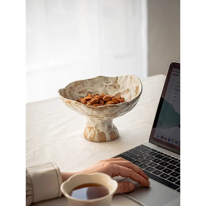 Beautiful High Footed Flower Plate Retro Rough Pottery Dried Fruit Plate Home Creative Ornament