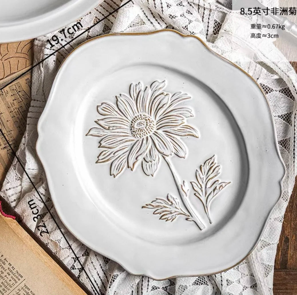 Ceramic Plates Vintage Style Dinner Plate Tulip Relief Ceramic Plates Steak Pasta Dishes Tableware Household Use Tableware Home