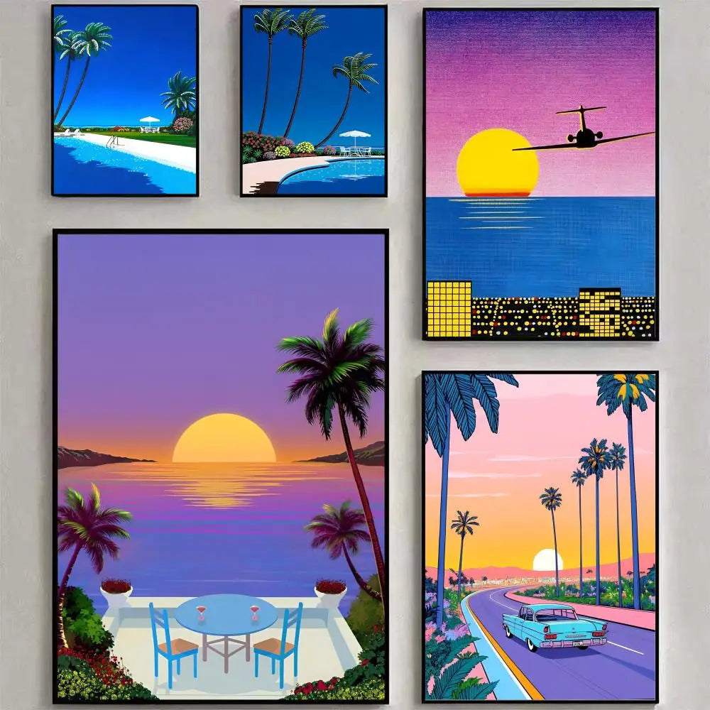Hiroshi Nagai Vaporwave Japan Beach Poster Poster Waterproof HD Wall Art Decal Self-Adhesive Aesthetic Decor For Home Living