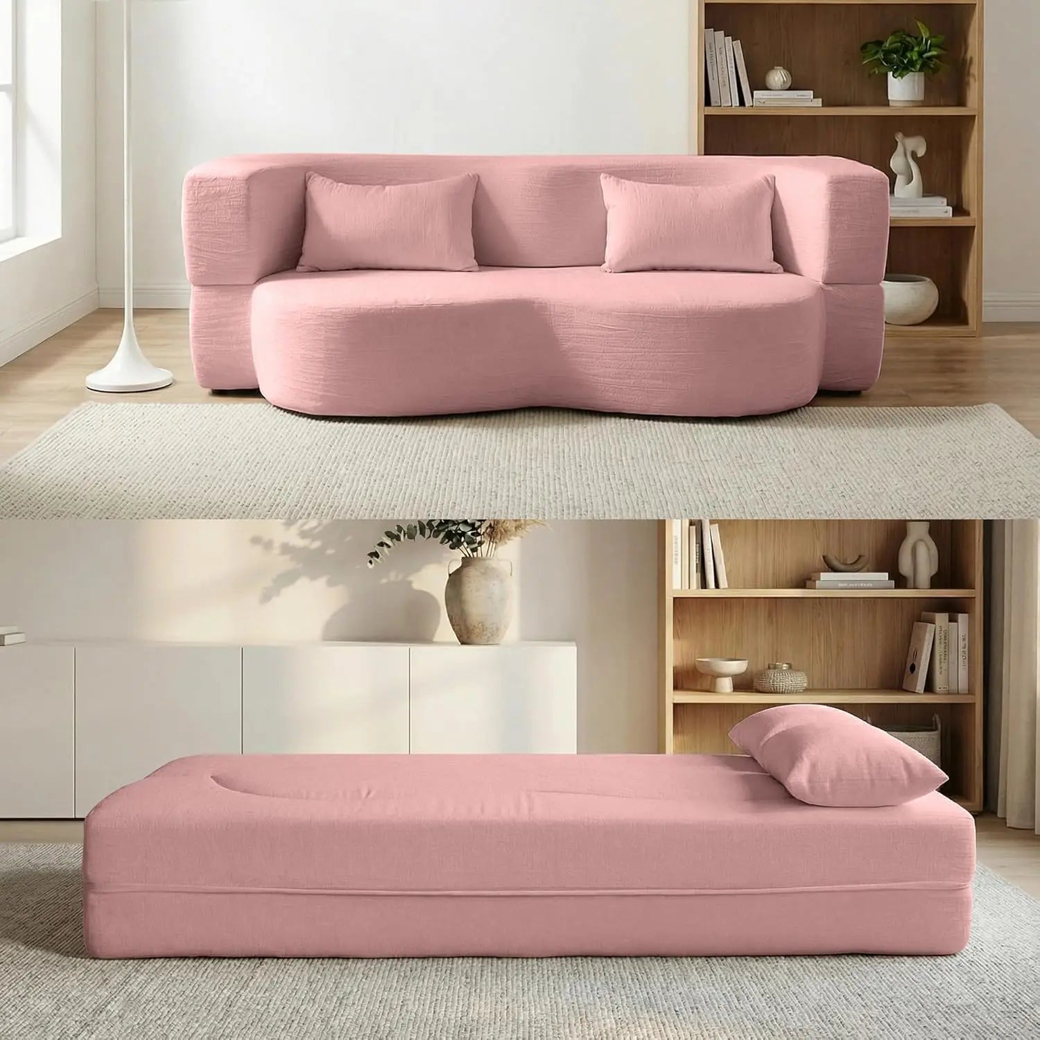 Convertible Sofa Bed, 78'' Queen Size Folding Sleeper Sofa with Pillow, 2-in-1 Teddy Fabric Boneless Loveseat Floor, Customized