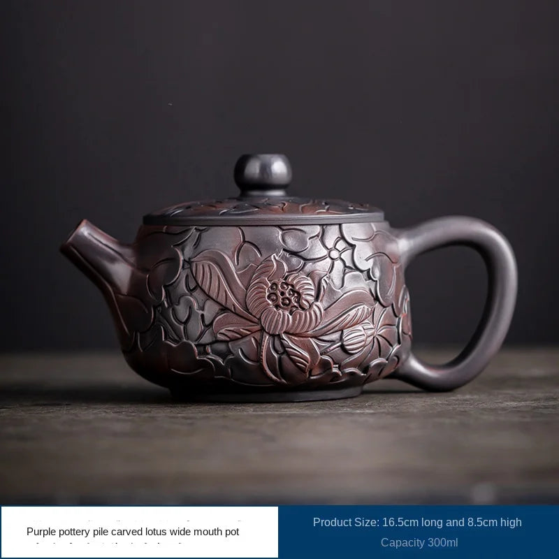 Suitable for collectionPurple Pottery Teapot Handmade Pile Carving Xianglong Pot Kung Fu Tea Set Purple Clay Pot Handmade
