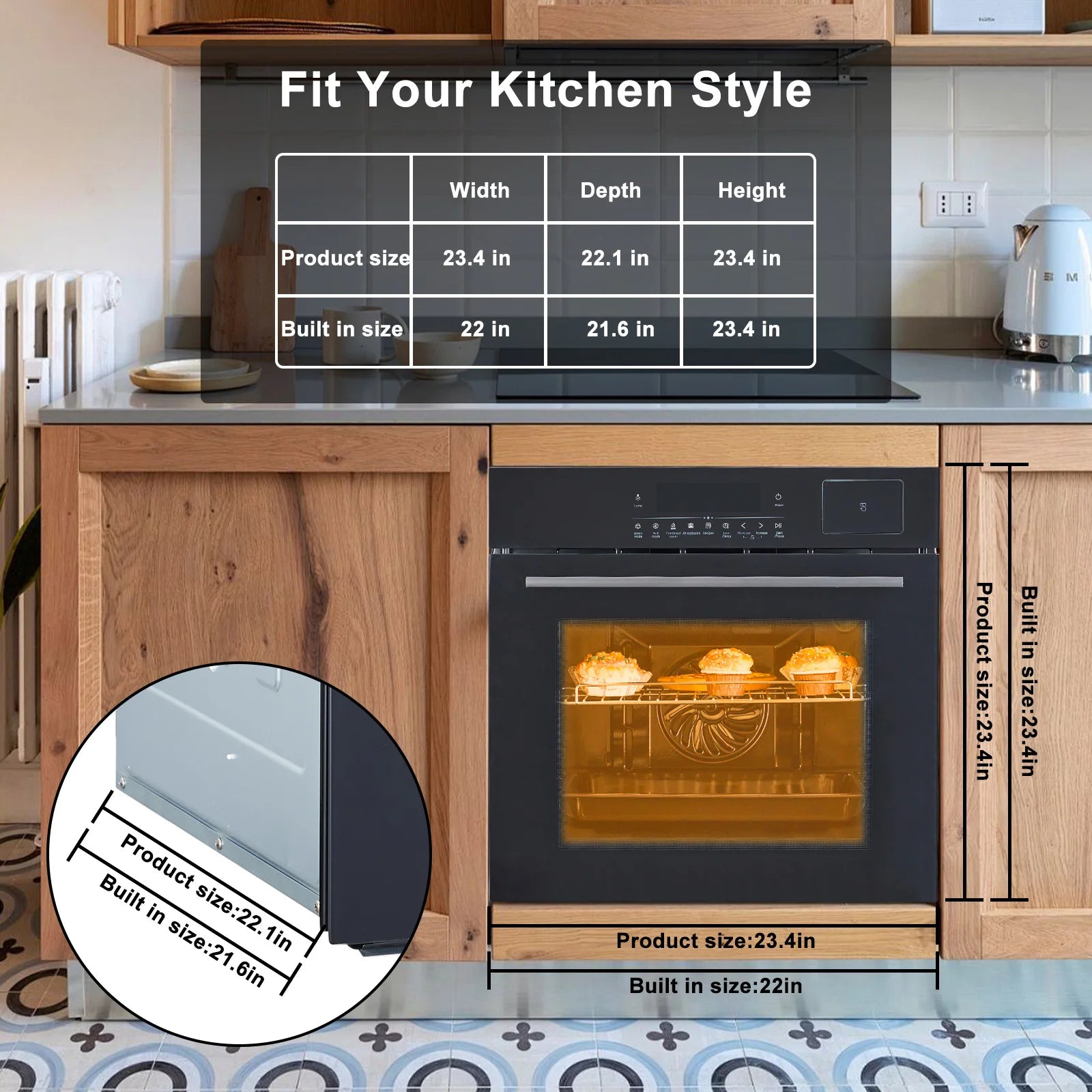 24" Electric Single Wall Oven, 8 Baking Modes, with Air Frying Function, 3000w, 3D Surround Heating with Timer, Touch Control