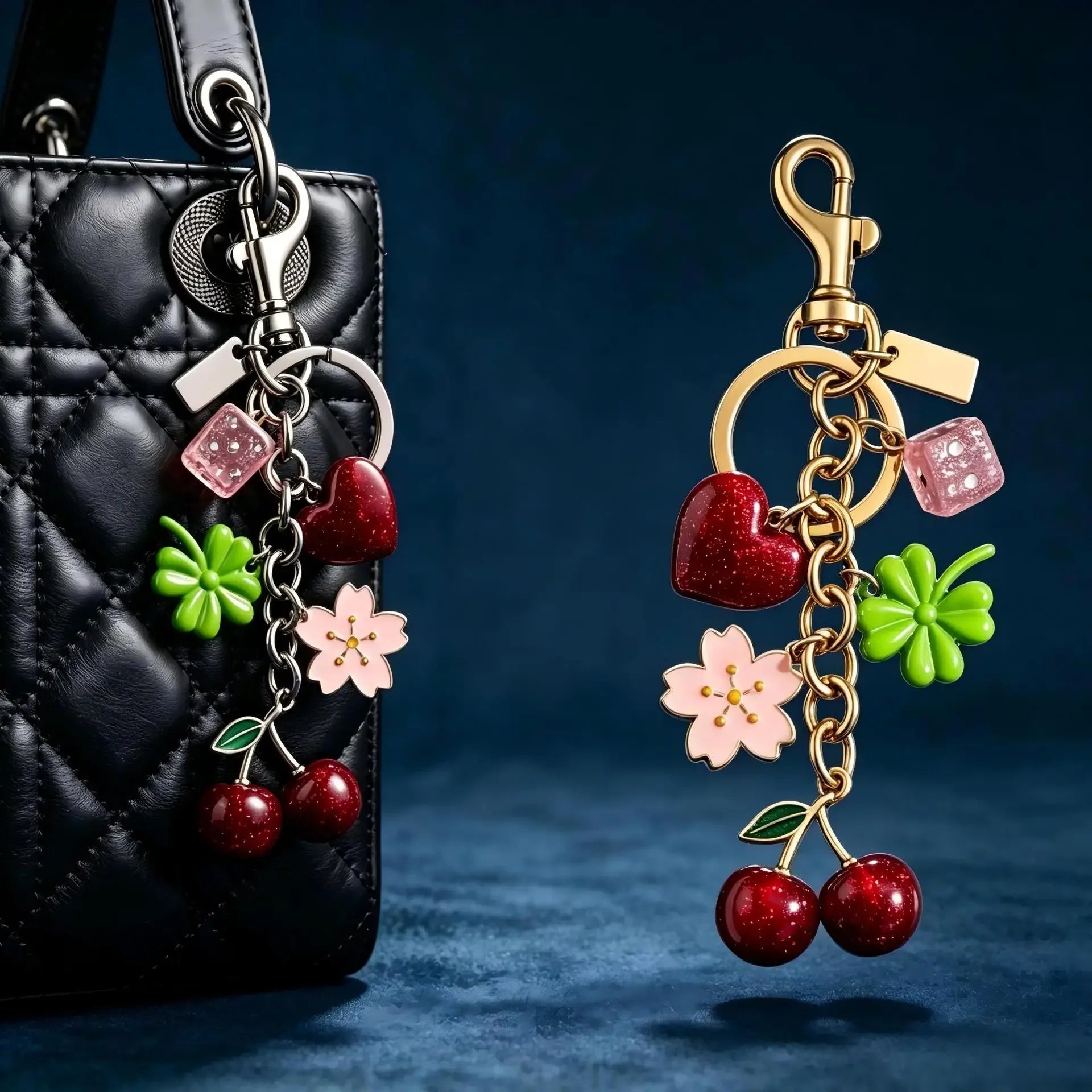 Cherry Bag Charm Gold Tone Multi Charm Sparkly Keychain Purse Accessory For Women Girls Handbags Backpacks Birthday Gifts Cute