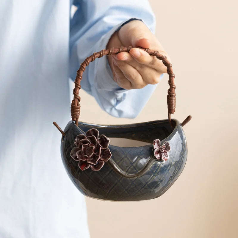 Handmade Ceramic Succulent Planter with Pinched Flowers, Flower Basket Shape Mini Pot for Desktop Cactus