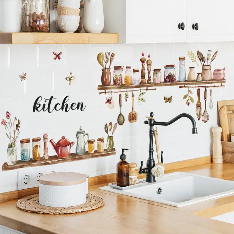1PC Painted Kitchenware Glass Jar Kitchen Dining Room Home Beautification Decoration Wall Sticker PVC Material