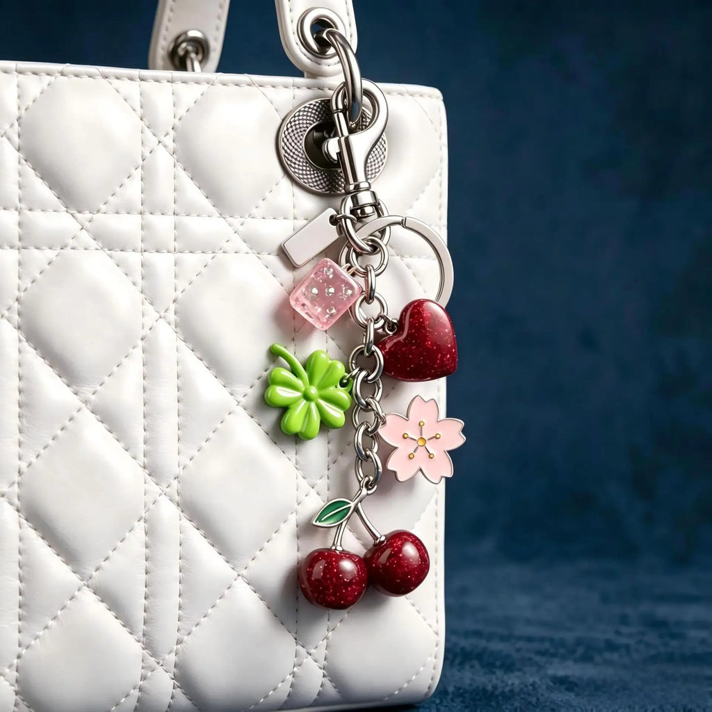 Cherry Bag Charm Gold Tone Multi Charm Sparkly Keychain Purse Accessory For Women Girls Handbags Backpacks Birthday Gifts Cute