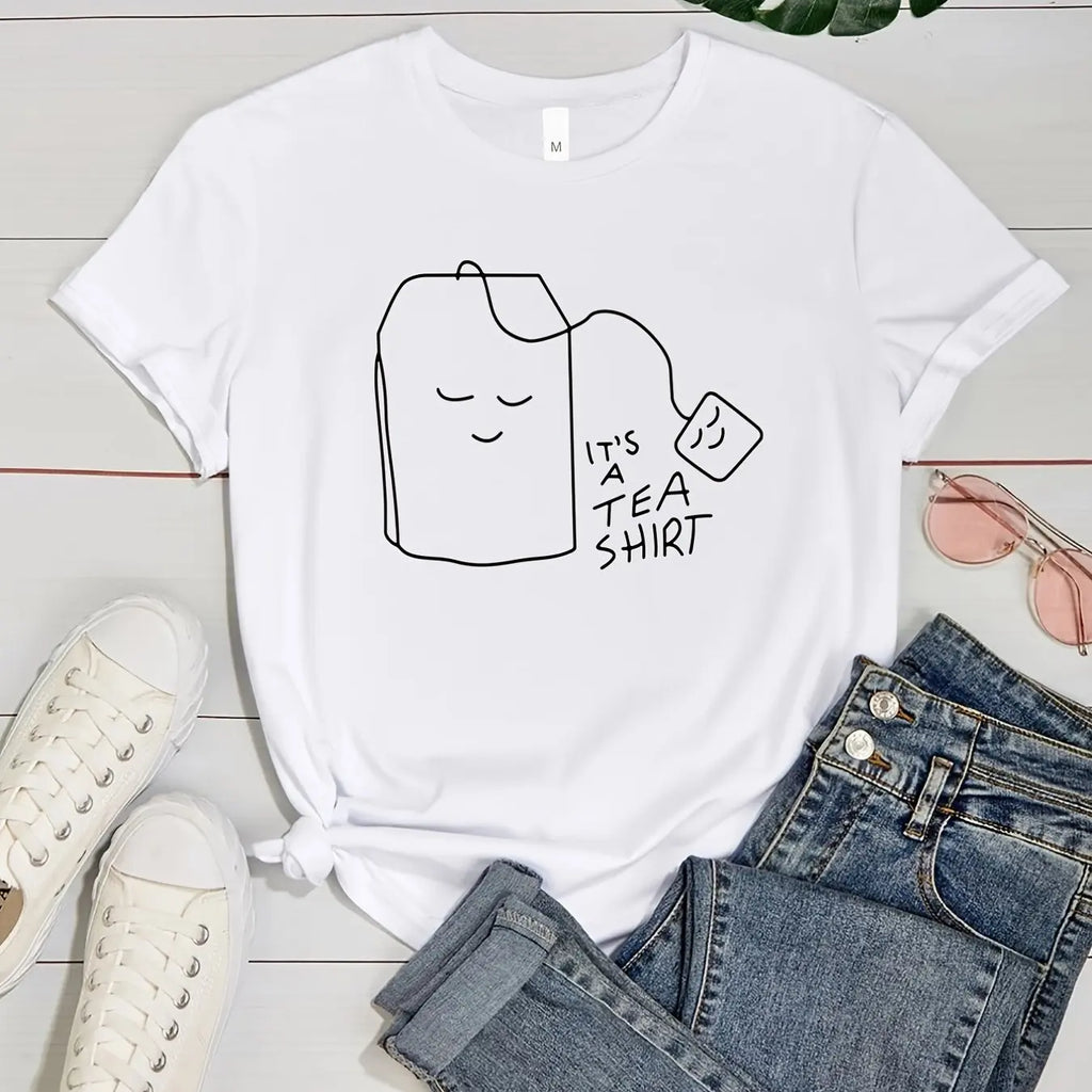 Tea Shirt Print T-Shirt, Funny Print Short Sleeve Crew Neck Casual Top For Spring & Summer, Women's Clothing