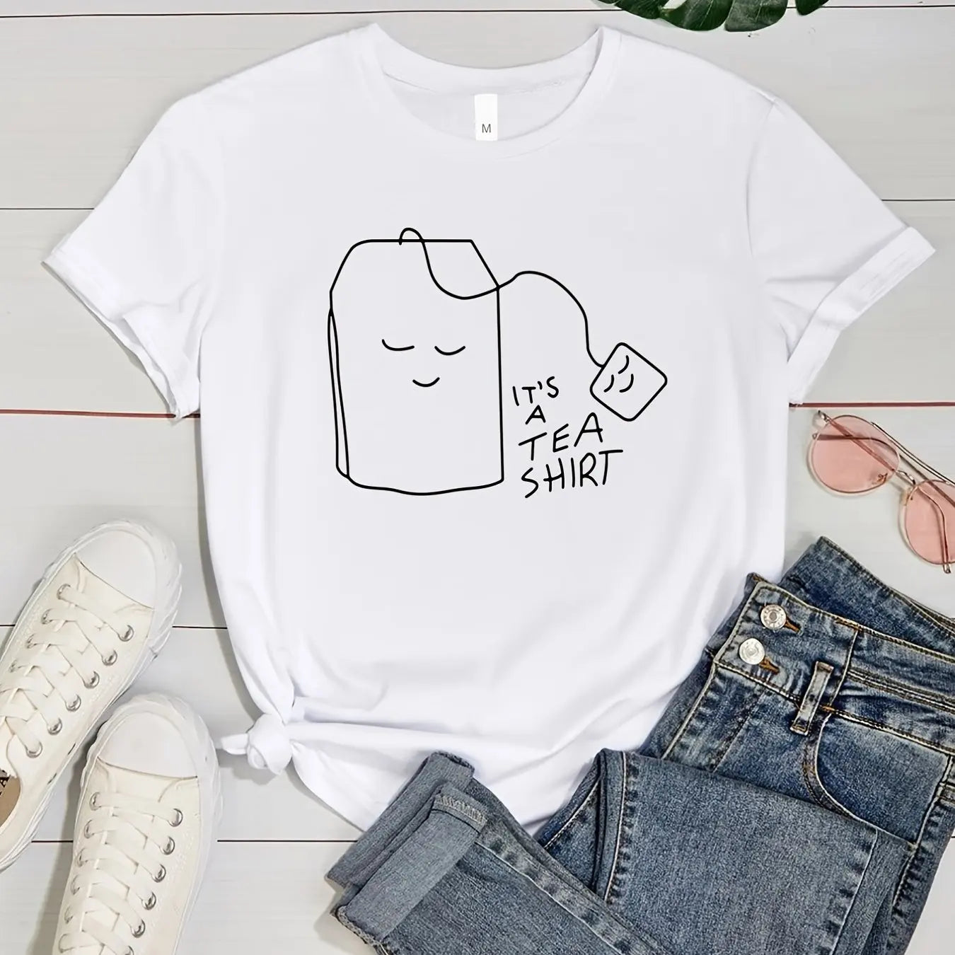 Tea Shirt Print T-Shirt, Funny Print Short Sleeve Crew Neck Casual Top For Spring & Summer, Women's Clothing