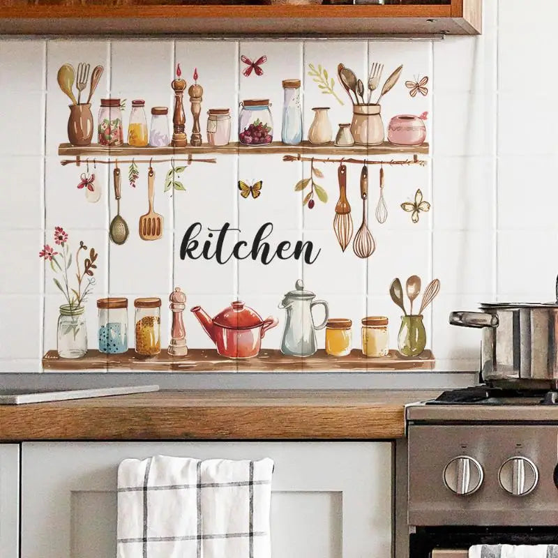 1PC Painted Kitchenware Glass Jar Kitchen Dining Room Home Beautification Decoration Wall Sticker PVC Material